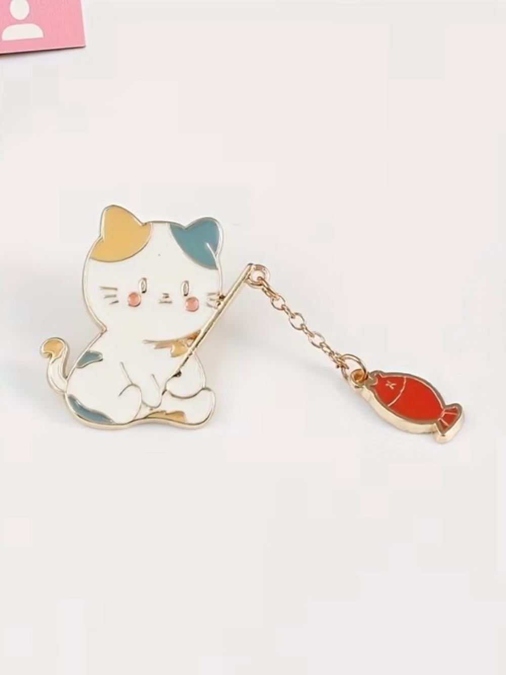 Cute Cat Enamel Pin Brooch with Red Fish - Picture 1 of 4